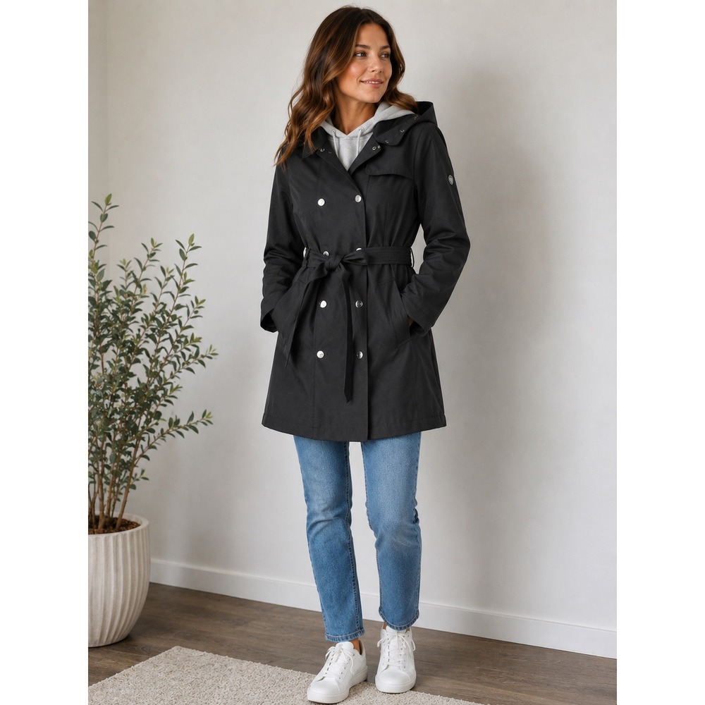 Calvin Klein Black Hooded Belted Trench Coat Women's M Raincoat